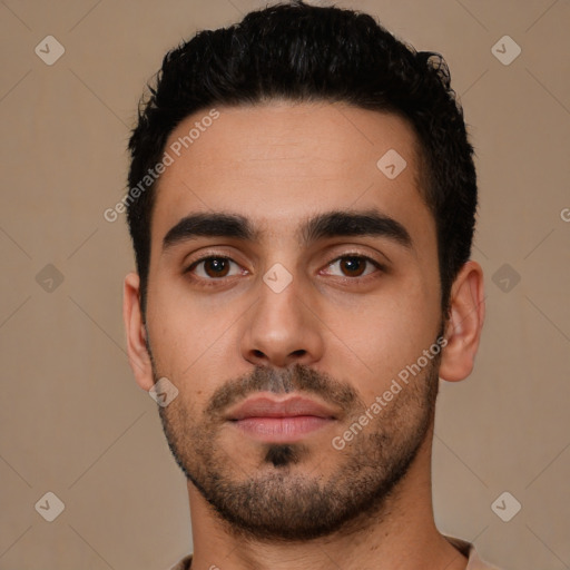 Neutral latino young-adult male with short  black hair and brown eyes