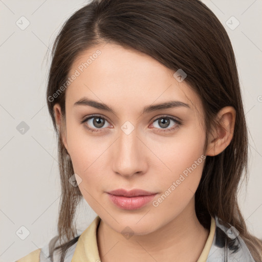 Neutral white young-adult female with medium  brown hair and brown eyes