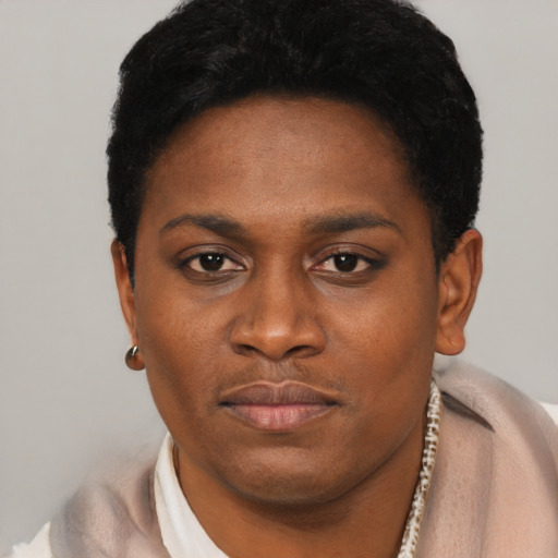 Neutral black young-adult female with short  black hair and brown eyes