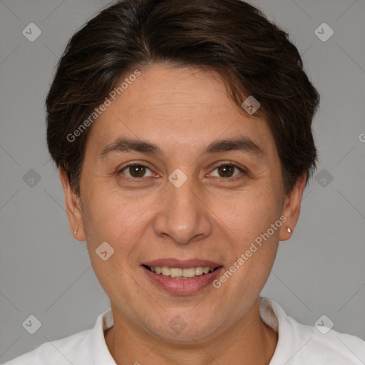 Joyful white adult female with short  brown hair and brown eyes