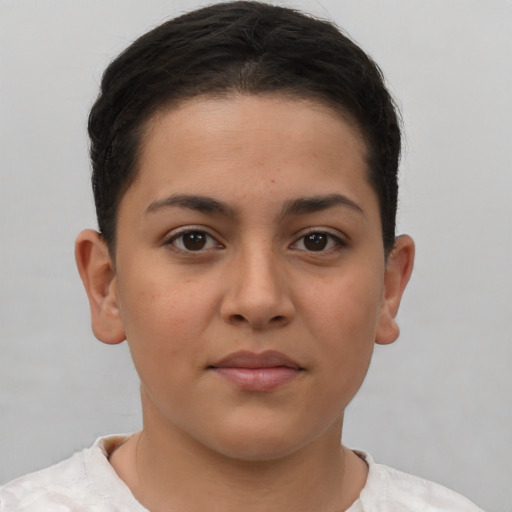 Neutral latino young-adult female with short  brown hair and brown eyes