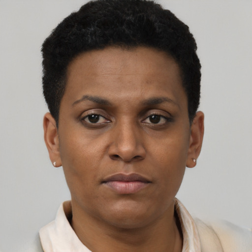 Neutral black young-adult female with short  brown hair and brown eyes