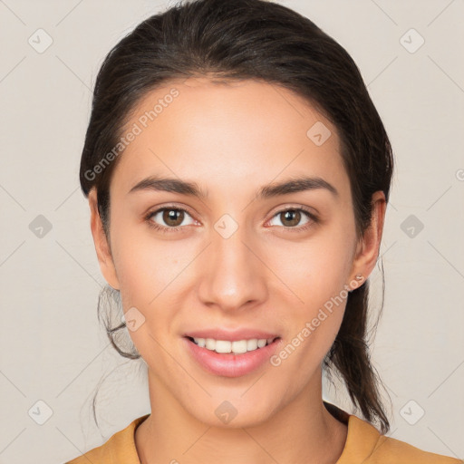 Joyful white young-adult female with medium  brown hair and brown eyes