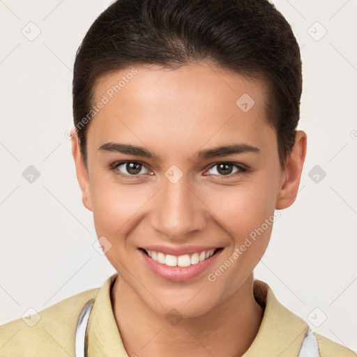 Joyful white young-adult female with short  brown hair and brown eyes