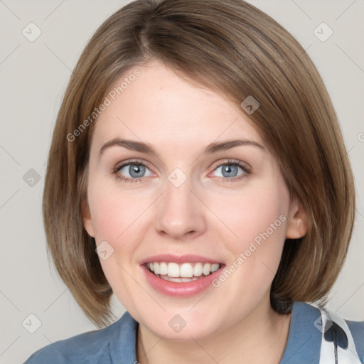 Joyful white young-adult female with medium  brown hair and blue eyes