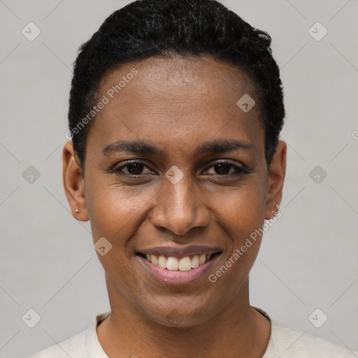 Joyful latino young-adult female with short  black hair and brown eyes