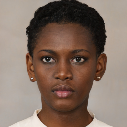 Neutral black young-adult female with short  black hair and brown eyes