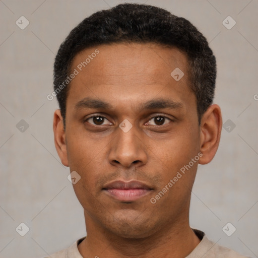 Neutral latino young-adult male with short  black hair and brown eyes