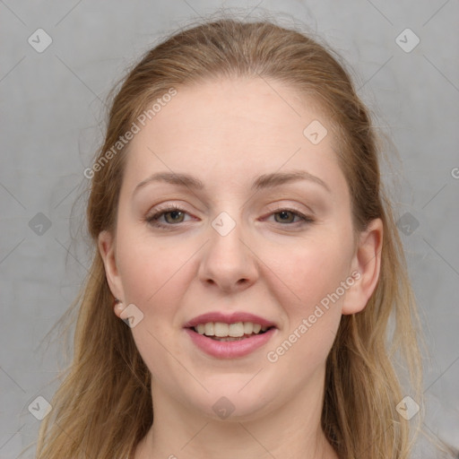 Joyful white young-adult female with long  brown hair and grey eyes