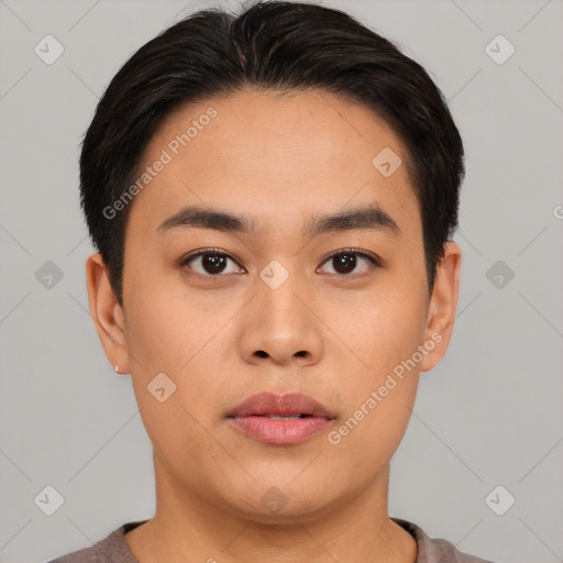 Neutral asian young-adult male with short  black hair and brown eyes