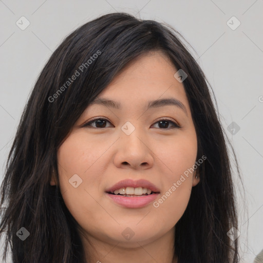 Joyful asian young-adult female with long  brown hair and brown eyes