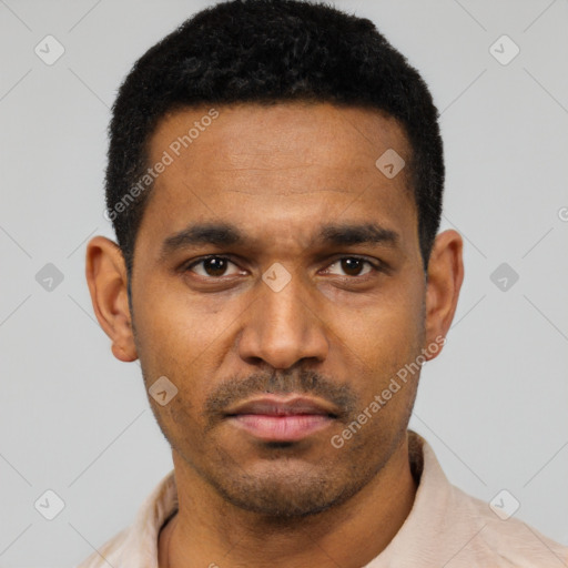 Neutral latino young-adult male with short  black hair and brown eyes