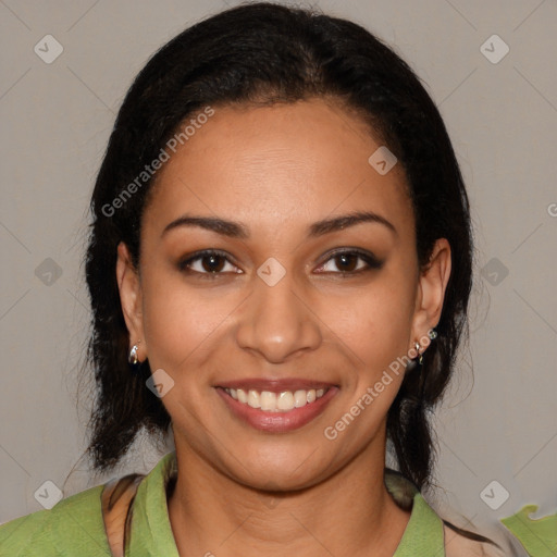 Joyful latino young-adult female with medium  black hair and brown eyes