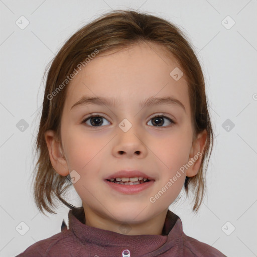 Joyful white child female with medium  brown hair and brown eyes