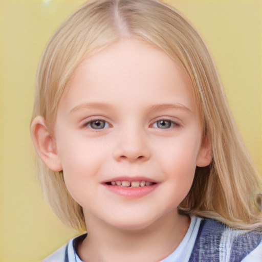 Joyful white child female with medium  blond hair and grey eyes