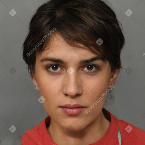 Neutral white young-adult female with medium  brown hair and brown eyes