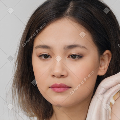 Neutral white young-adult female with long  brown hair and brown eyes