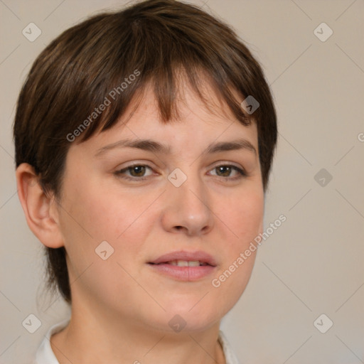 Neutral white young-adult female with medium  brown hair and brown eyes