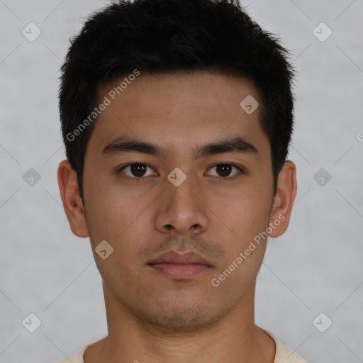 Neutral asian young-adult male with short  brown hair and brown eyes