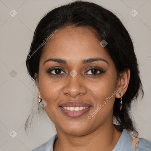 Joyful black young-adult female with medium  black hair and brown eyes