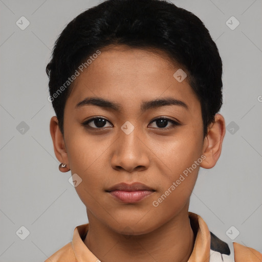 Neutral asian young-adult female with short  black hair and brown eyes