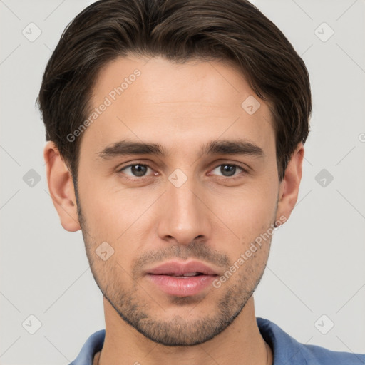 Neutral white young-adult male with short  brown hair and brown eyes