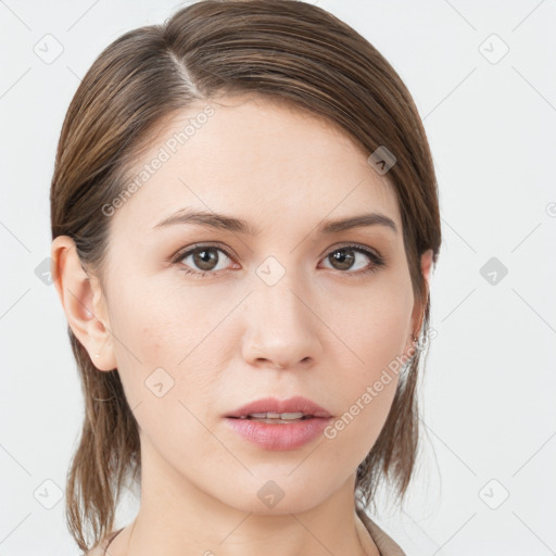 Neutral white young-adult female with medium  brown hair and grey eyes