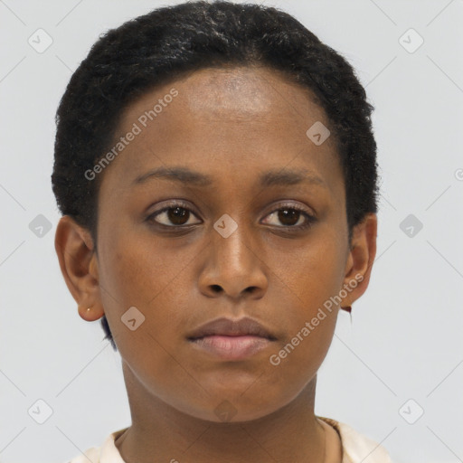 Neutral black young-adult female with short  brown hair and brown eyes