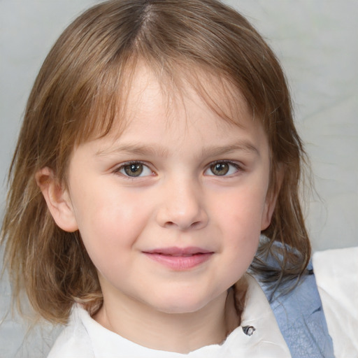 Joyful white child female with medium  brown hair and blue eyes