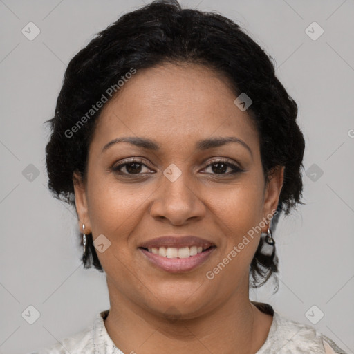 Joyful latino young-adult female with short  brown hair and brown eyes