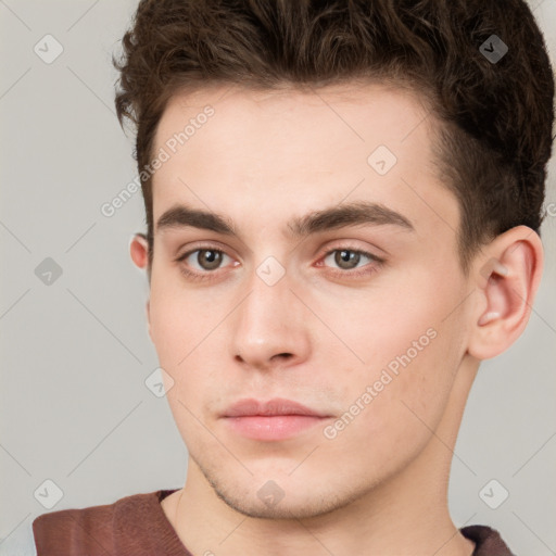 Neutral white young-adult male with short  brown hair and brown eyes