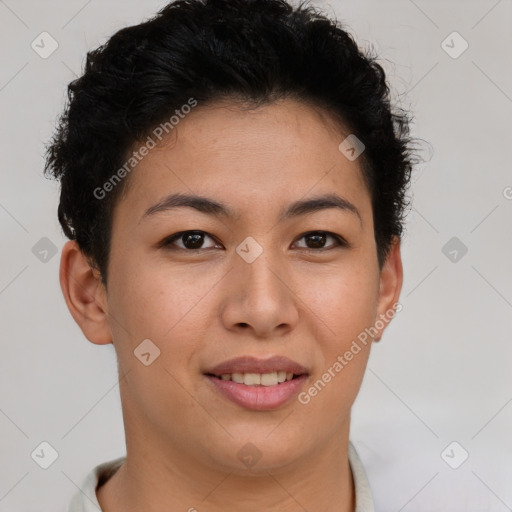 Joyful latino young-adult female with short  brown hair and brown eyes