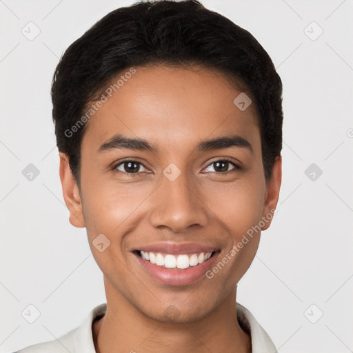 Joyful latino young-adult male with short  black hair and brown eyes