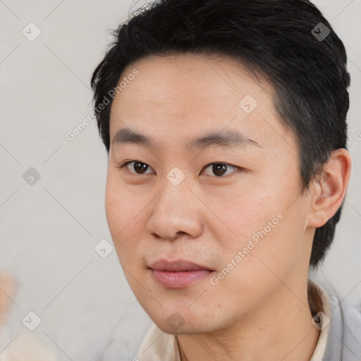 Neutral asian young-adult male with short  black hair and brown eyes
