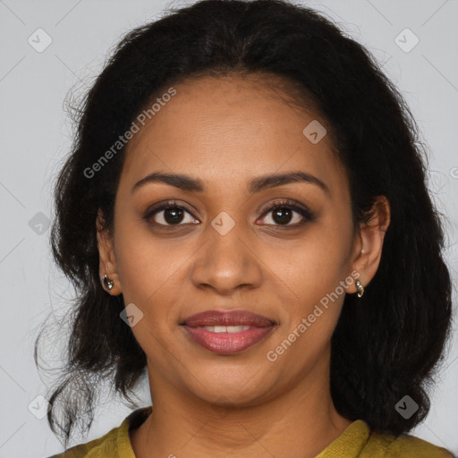 Joyful black young-adult female with medium  brown hair and brown eyes