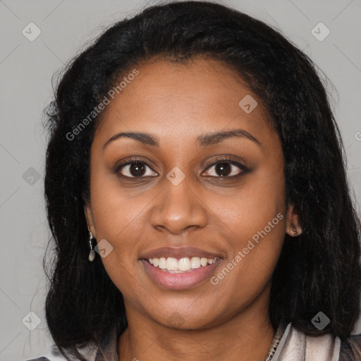 Joyful latino young-adult female with long  brown hair and brown eyes