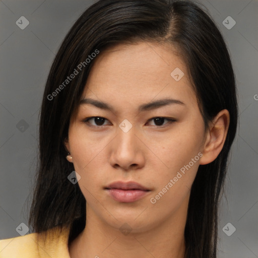 Neutral asian young-adult female with long  brown hair and brown eyes