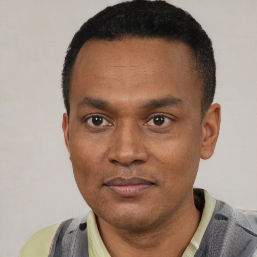 Neutral black adult male with short  black hair and brown eyes