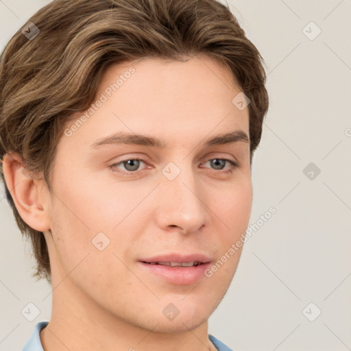 Neutral white young-adult male with short  brown hair and grey eyes