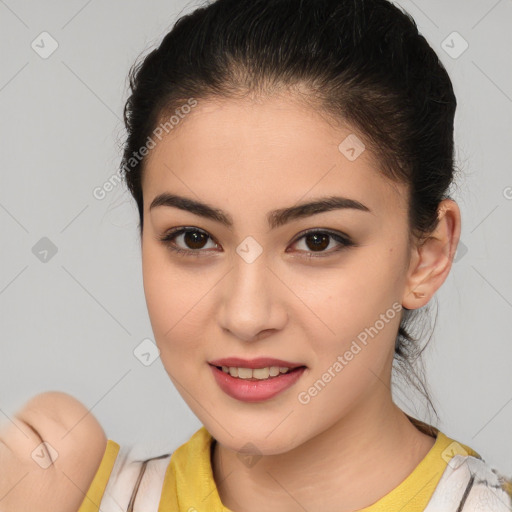 Joyful white young-adult female with medium  brown hair and brown eyes