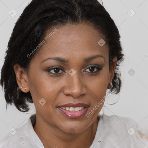 Joyful black adult female with medium  brown hair and brown eyes