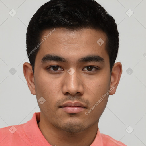 Neutral asian young-adult male with short  black hair and brown eyes