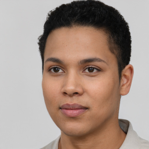 Neutral latino young-adult female with short  black hair and brown eyes