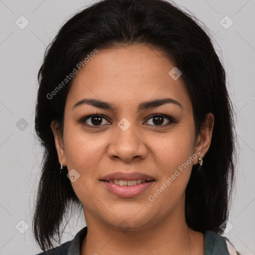 Joyful latino young-adult female with medium  brown hair and brown eyes
