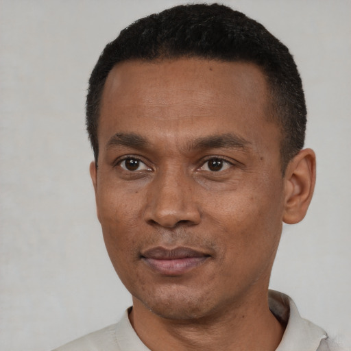 Joyful black adult male with short  black hair and brown eyes