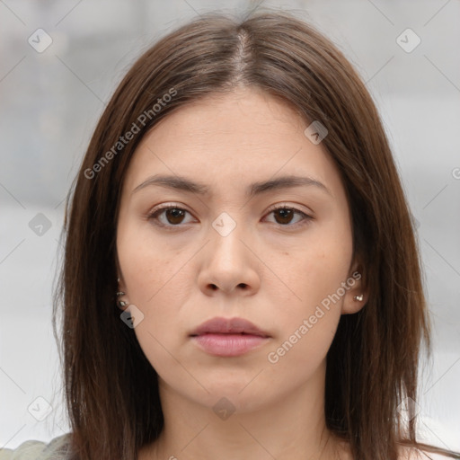 Neutral white young-adult female with medium  brown hair and brown eyes