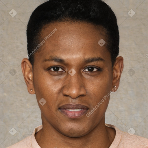 Joyful black young-adult male with short  black hair and brown eyes