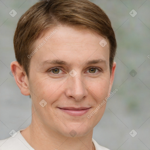 Joyful white adult female with short  brown hair and brown eyes