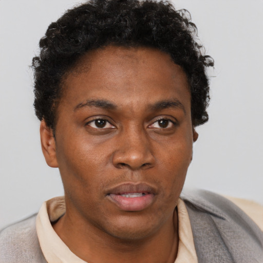 Neutral black young-adult male with short  brown hair and brown eyes