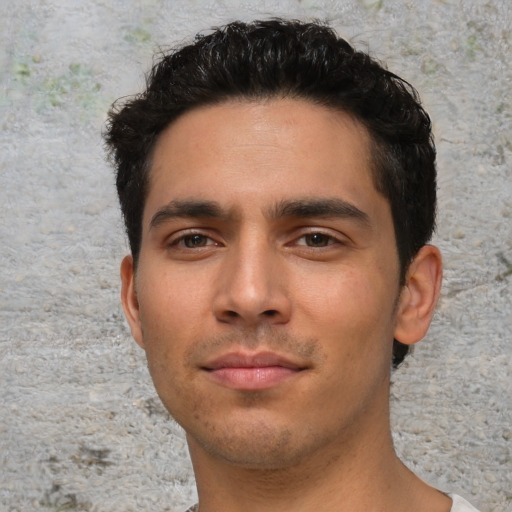 Neutral asian young-adult male with short  black hair and brown eyes